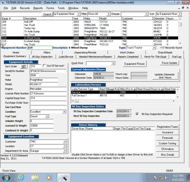TATEMS Equipment Summary Scereen Shot