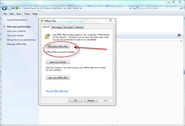 Windows 7 Sync Center Disable Offline Files