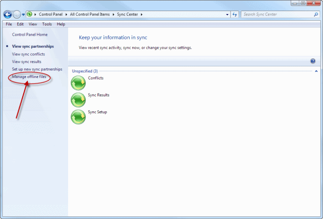 Windows 7 Sync Center in Manage Offline Files