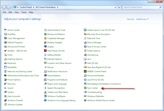 Windows 7 Sync Center in Control Panel