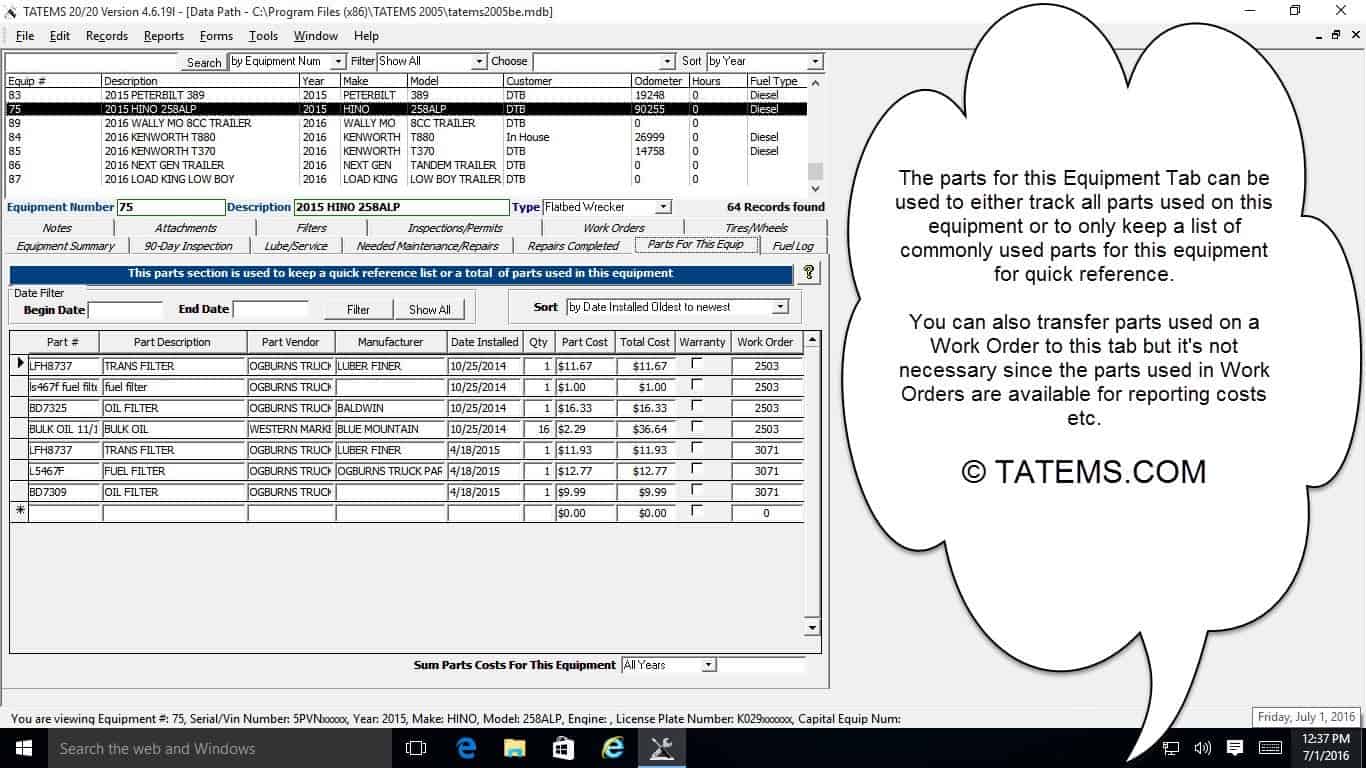 Parts For This Equipment screenshot inside TATEMS Fleet Maintenance Software