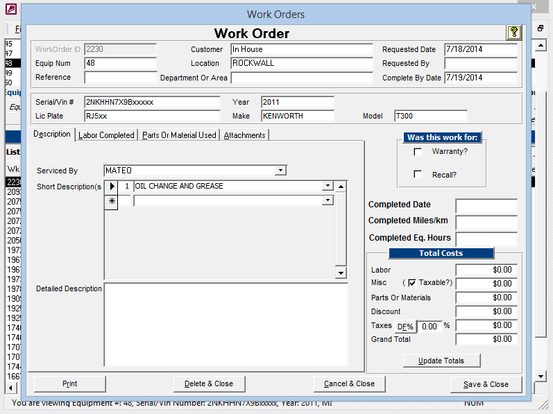 Work Orders Entry Screenshot